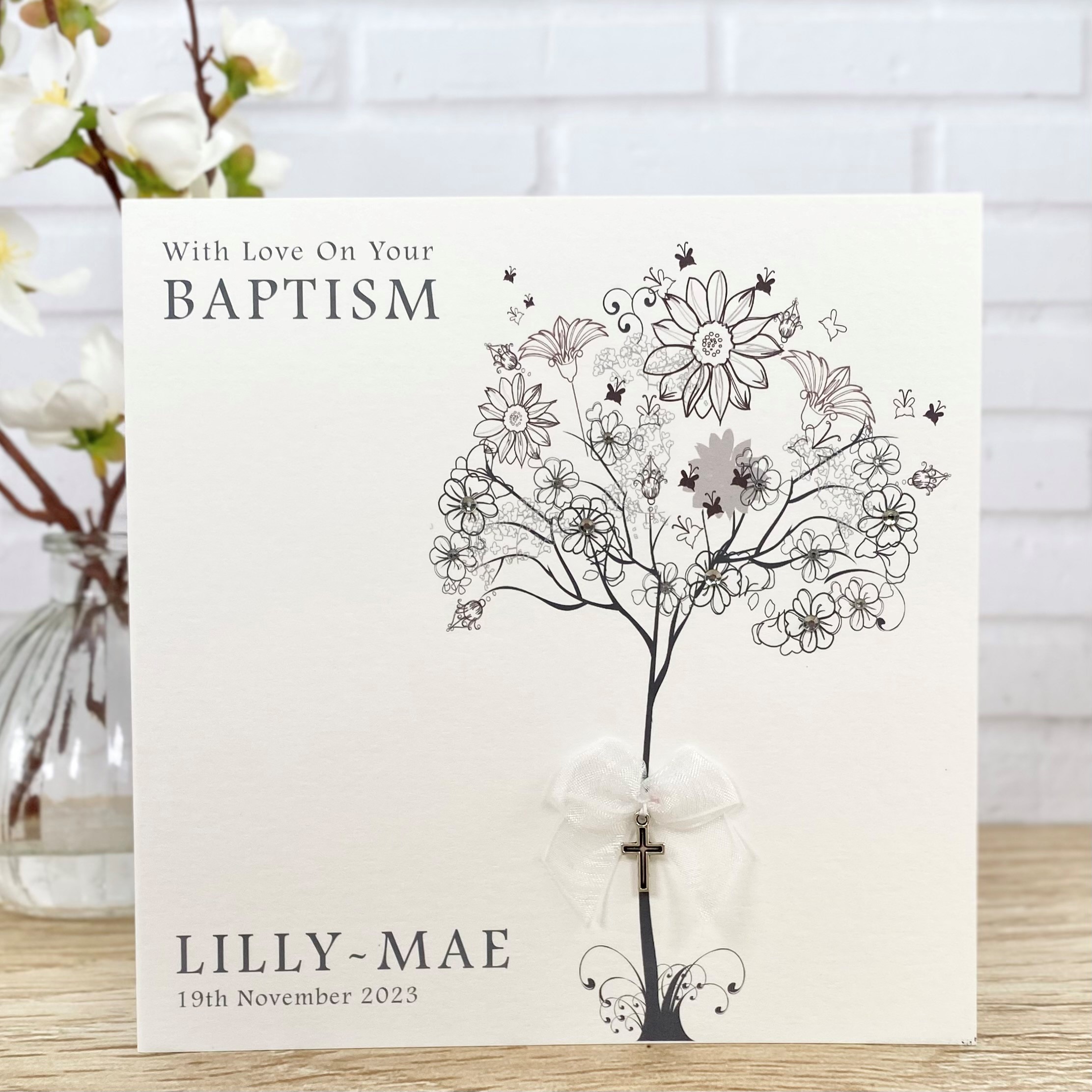 Handmade Christening Card Floral Tree Square Card