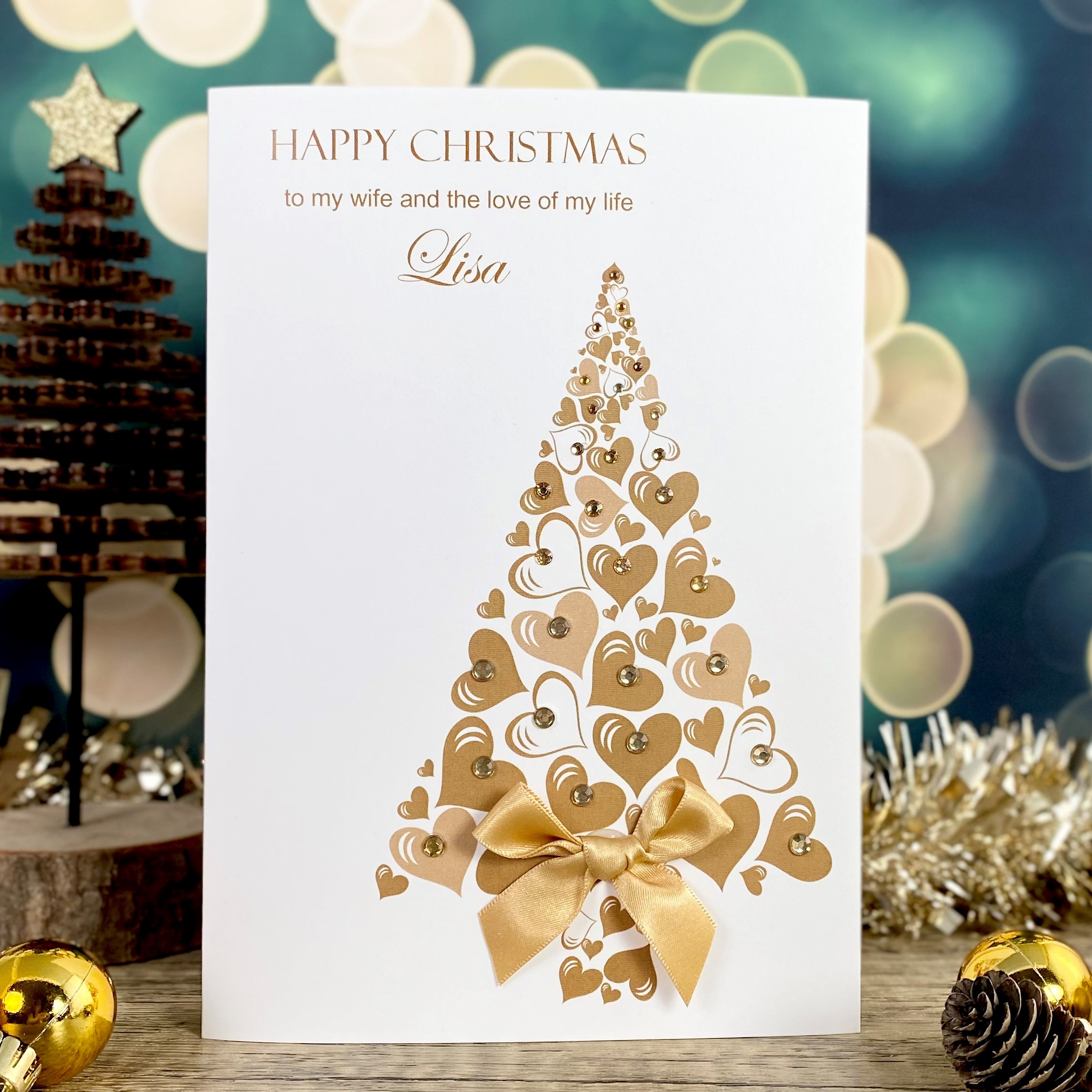 Handmade Birthday Card Golden Heart Christmas Tree A5 Large Card