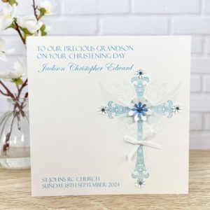 Handmade Christening Card Blue Floral Cross Square Card