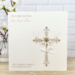Handmade Christening Card Gold Floral Cross Square Card