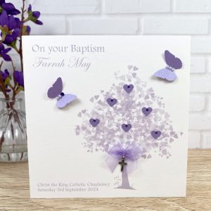Handmade Christening Card Lilac Heart Tree