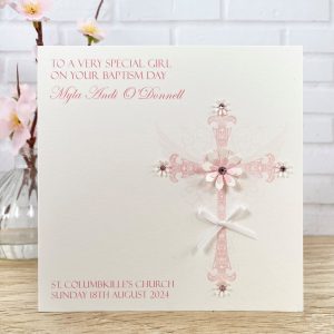 Handmade Christening Card Pink Floral Cross Square Card