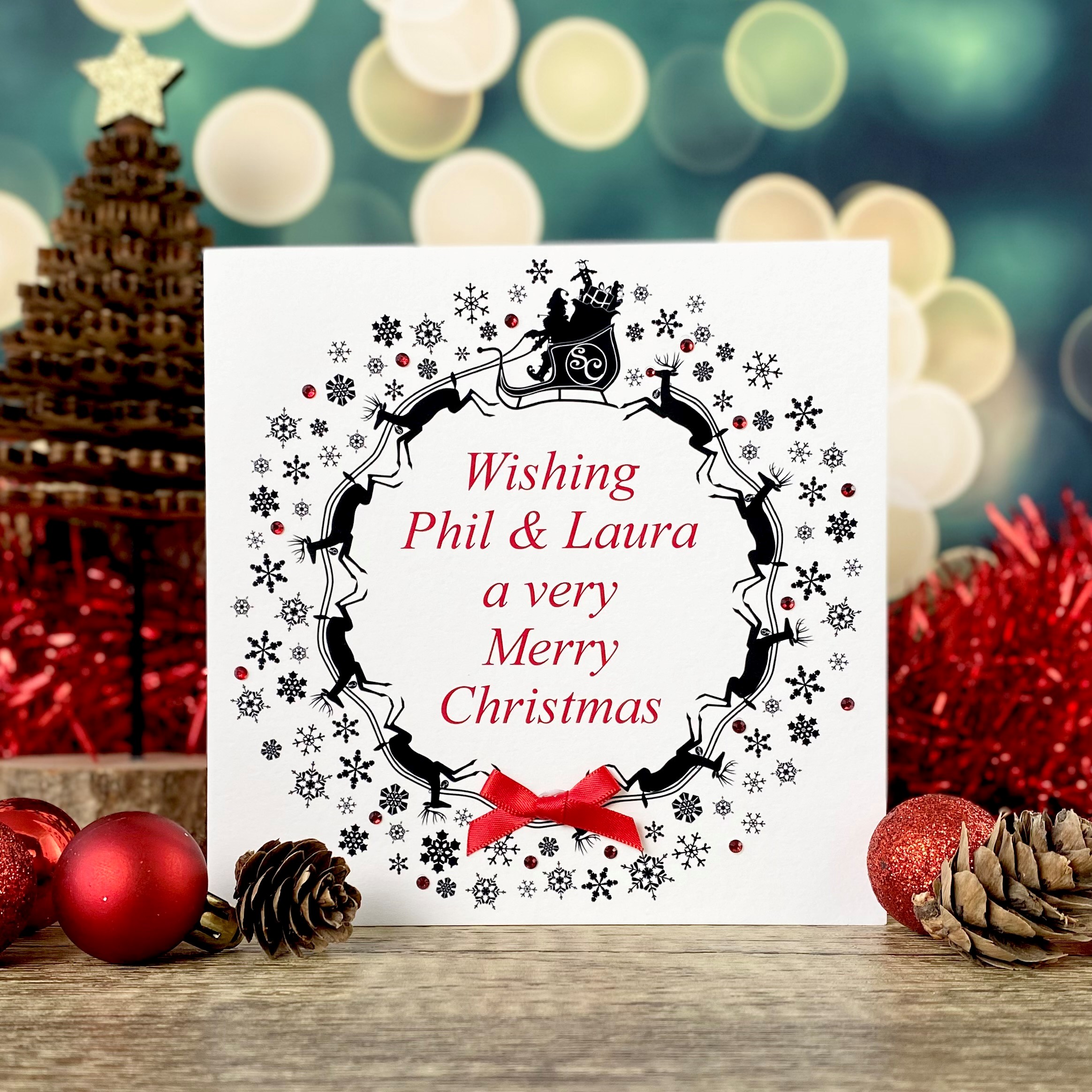 Handmade Christmas Card Reindeers Leaping Wreath 150MM square card
