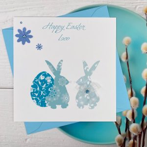 Handmade Easter Card Blue Bunny Rabbits Square Card