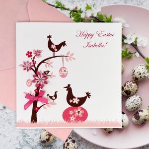Handmade Easter Cards Eggs in Pink Blossom Tree Square Card