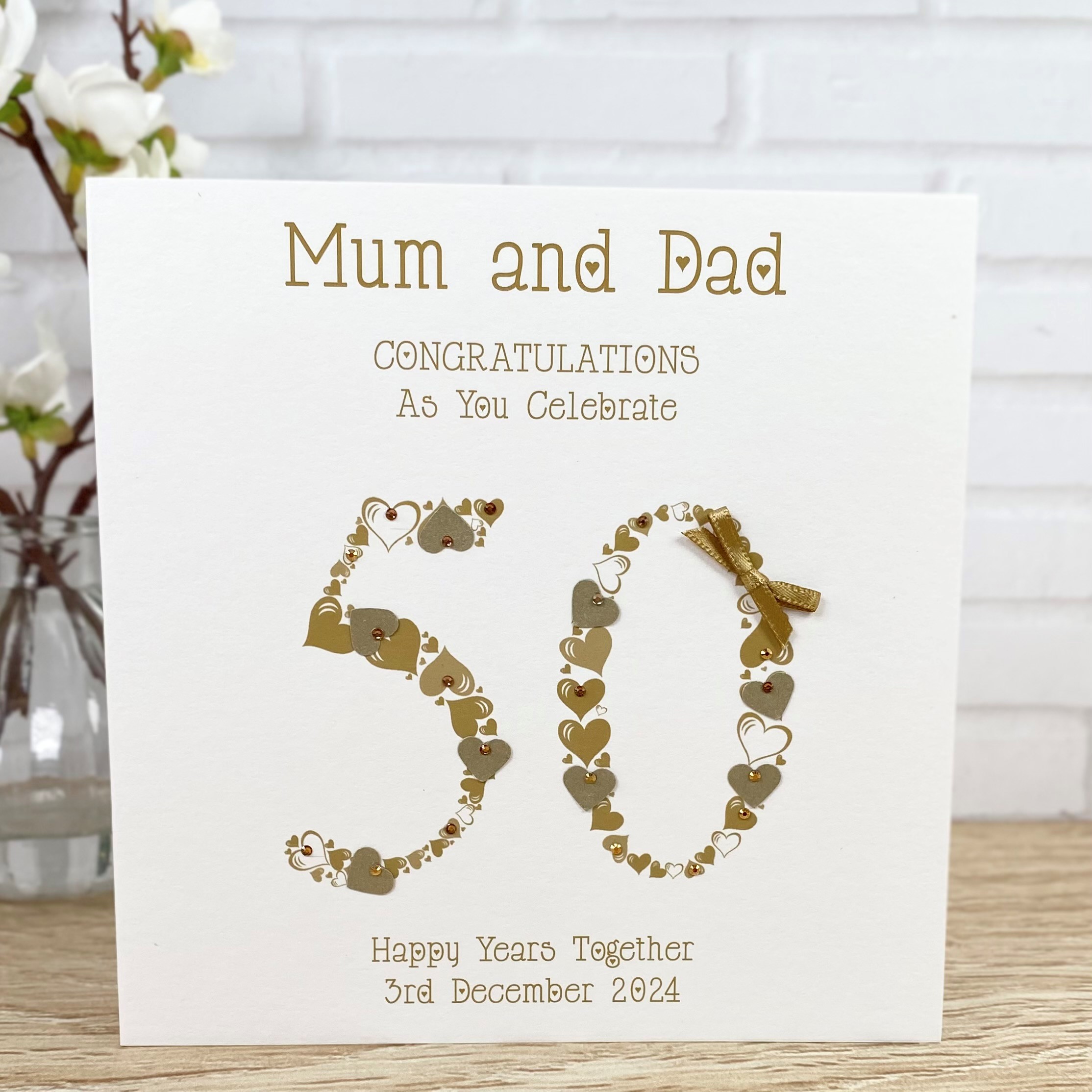 Handmade Golden Wedding Anniversary Card 50th Heart Numbers Square Card
