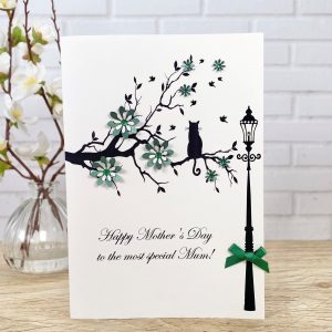 Handmade Mother's Day Card Cat in Green Branch A5 Large Card