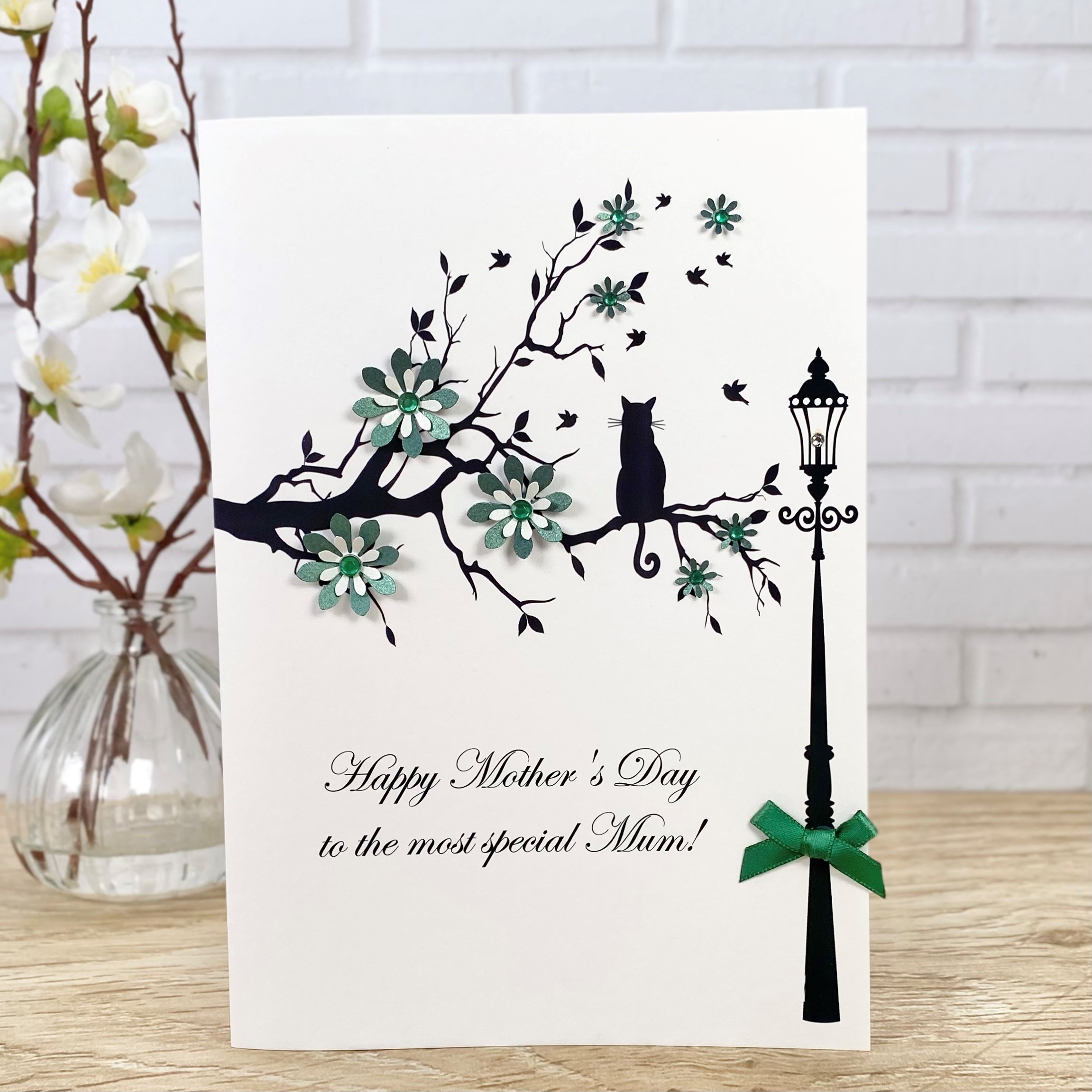 Handmade Mother's Day Card Cat in Green Branch A5 Large Card
