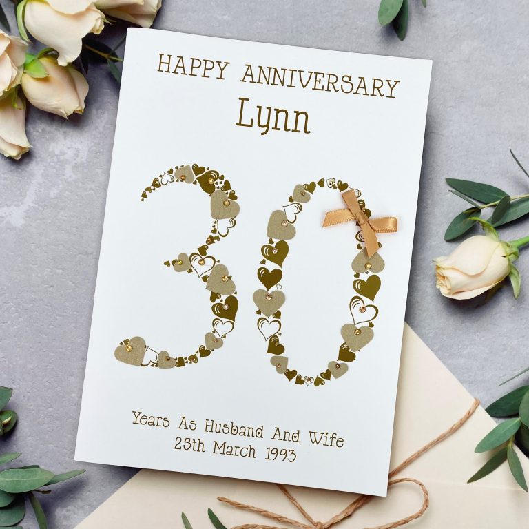 Handmade Pearl Wedding Anniversary Card ‘ Heart Numbers’