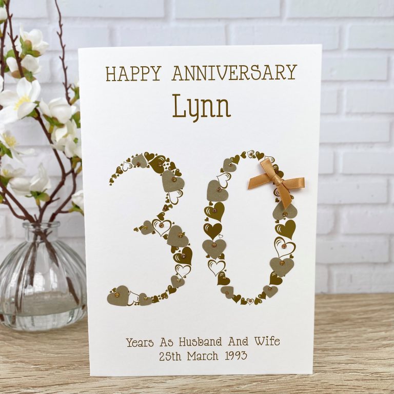 Handmade Pearl Wedding Anniversary Card ‘ Heart Numbers’