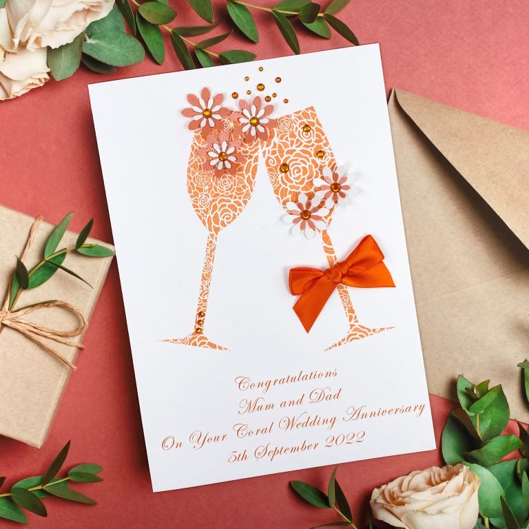 Handmade Coral Wedding Anniversary Card ‘Toast’