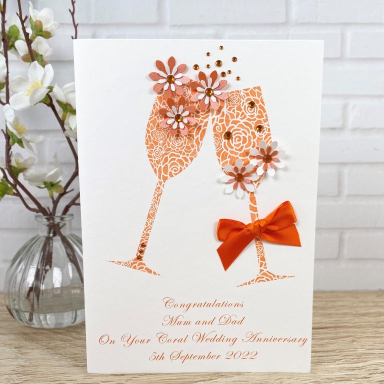 Handmade Coral Wedding Anniversary Card ‘Toast’