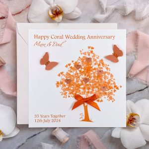 Handmade Personalised Coral Wedding Anniversary Card Heart Tree with Butterflies Square Card