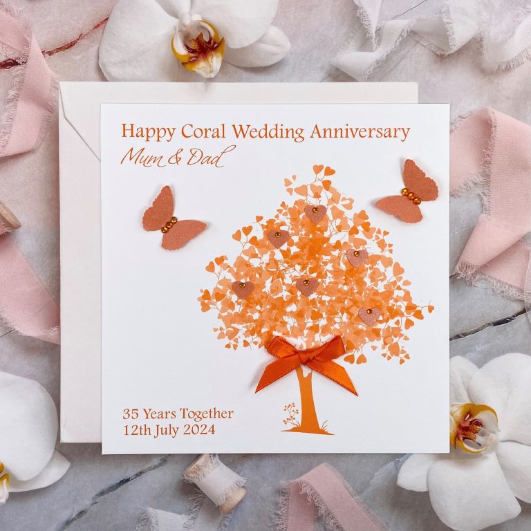 Handmade Coral Wedding Anniversary Card ‘Heart Tree’