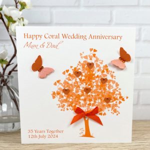 Handmade Personalised Coral Wedding Anniversary Card Heart Tree with Butterflies Square Card