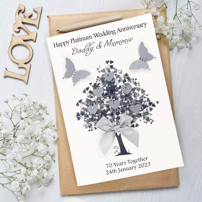 Handmade Platinum Wedding Anniversary Card ‘Heart Tree’