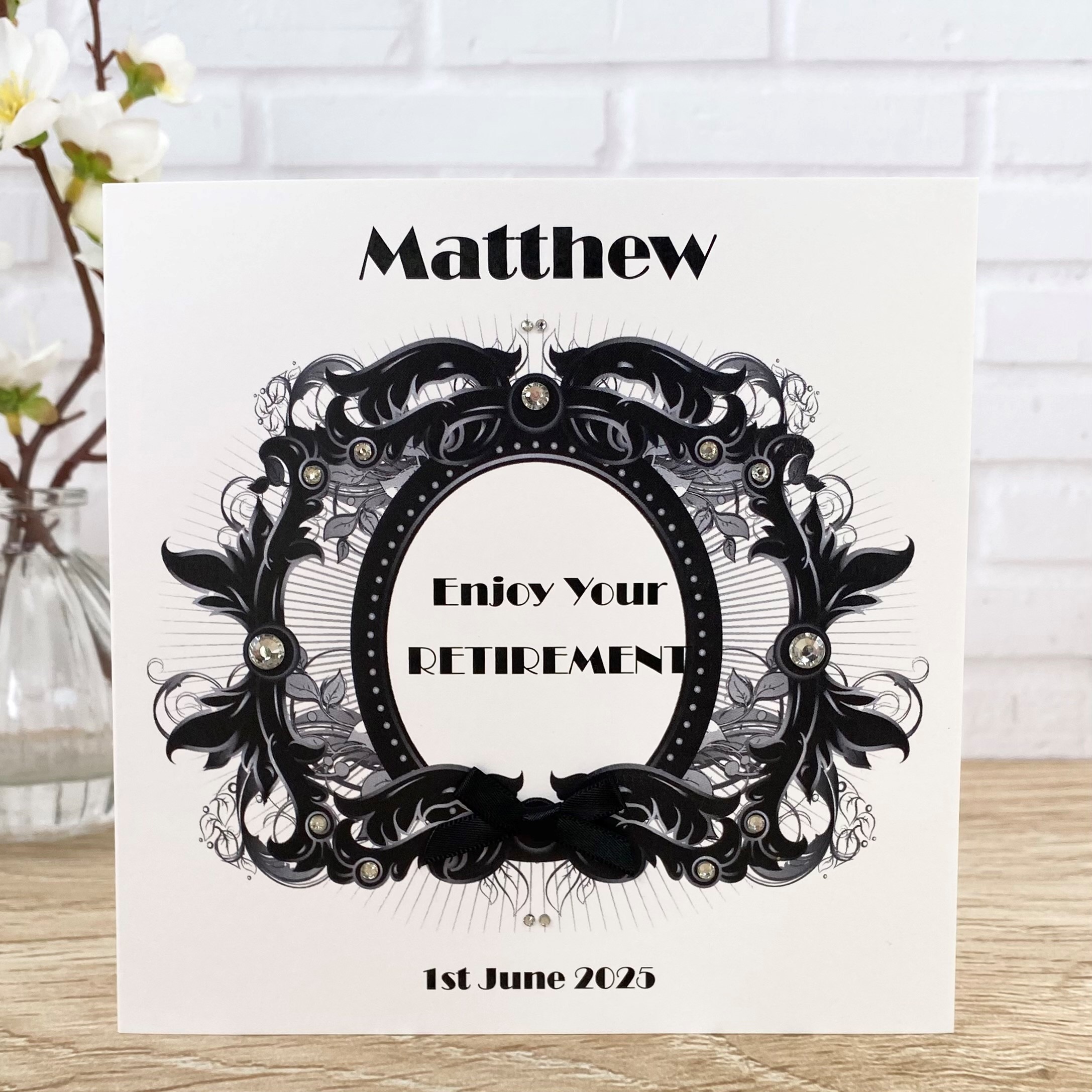 Handmade Retirement Card Silver Scroll Square Card