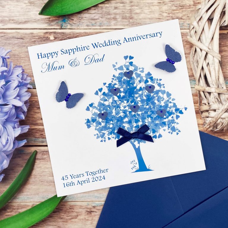 Handmade Sapphire Wedding Anniversary Card ‘Heart Tree’