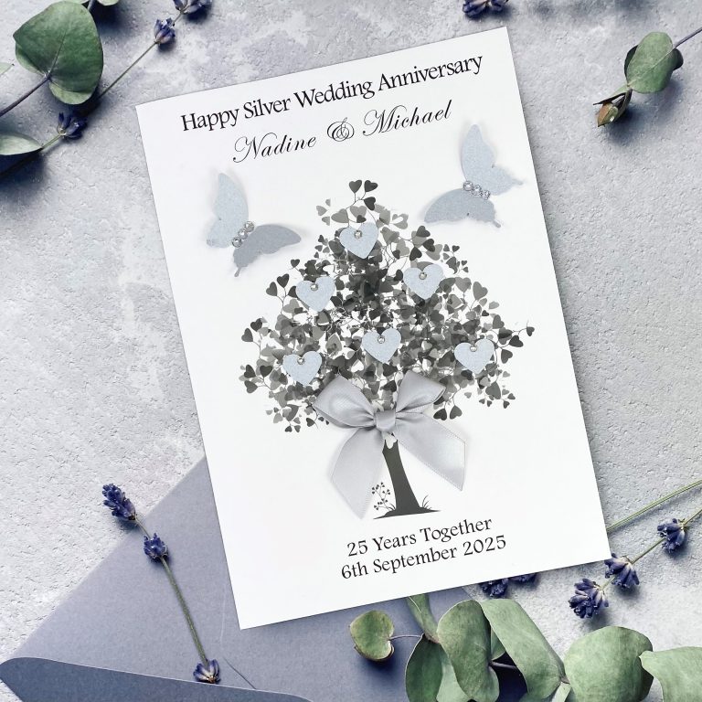 Handmade Silver Wedding Anniversary Card ‘Heart Tree’