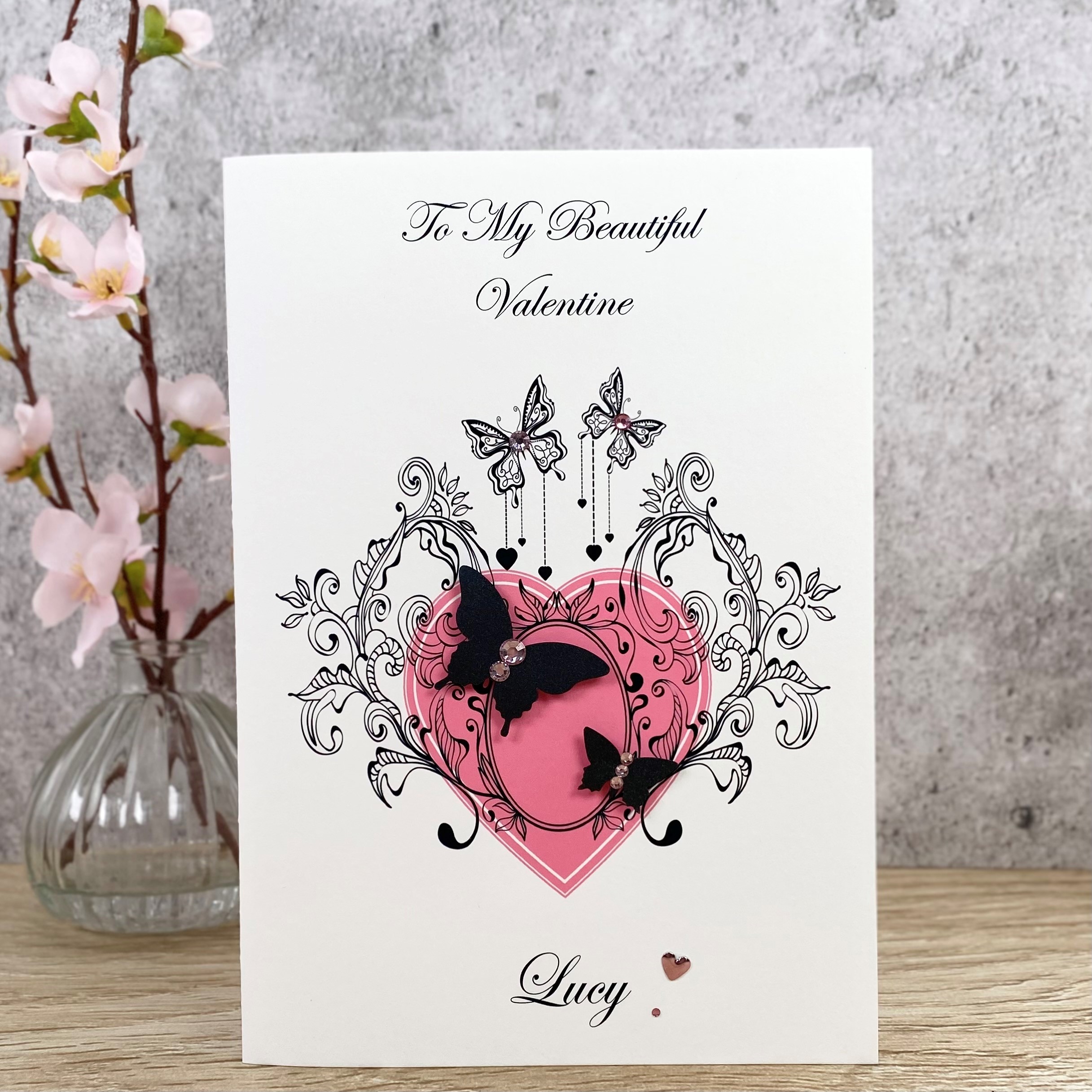 Handmade Valentine's Card Pink Butterflies A5 Large Card