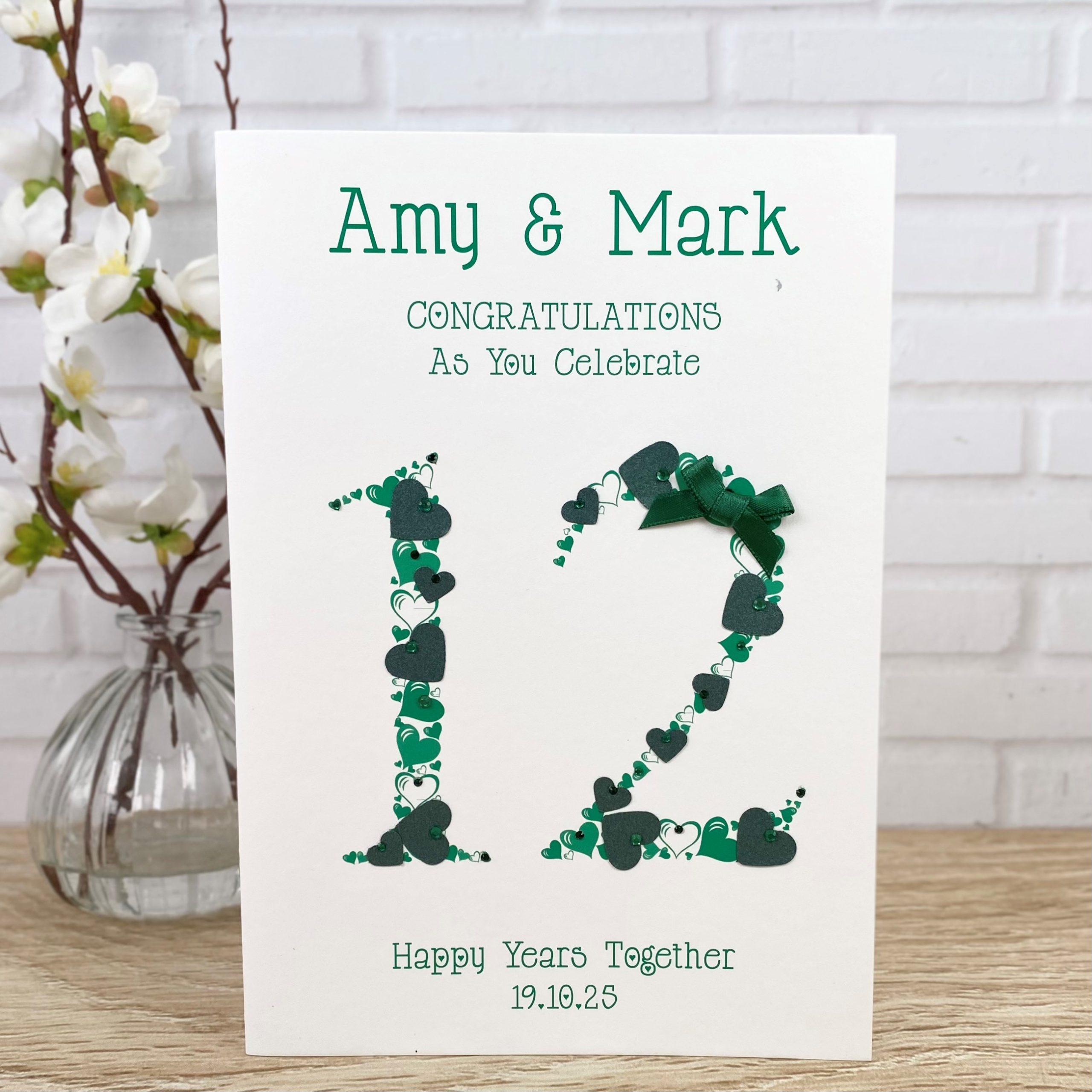 Handmade Wedding Anniversary 12 Years Green Heart Numbers A5 Cards