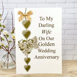 Handmade Wedding Anniversary Card Golden Heart Chain A4 Large Card