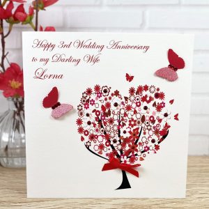 Handmade Wedding Anniversary Card Red Floral Heart Tree Square Card