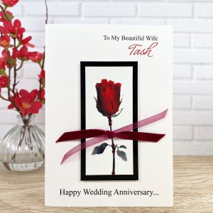 Handmade Wedding Anniversary Card Single Red Rose A5 Large Card