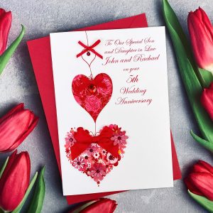 Handmade Wedding Anniversary Card Three Floral Hearts Large Card