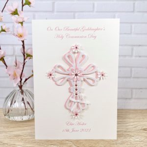 Luxury Handmade Christening Card Pink Floral Cross A5 Large Card