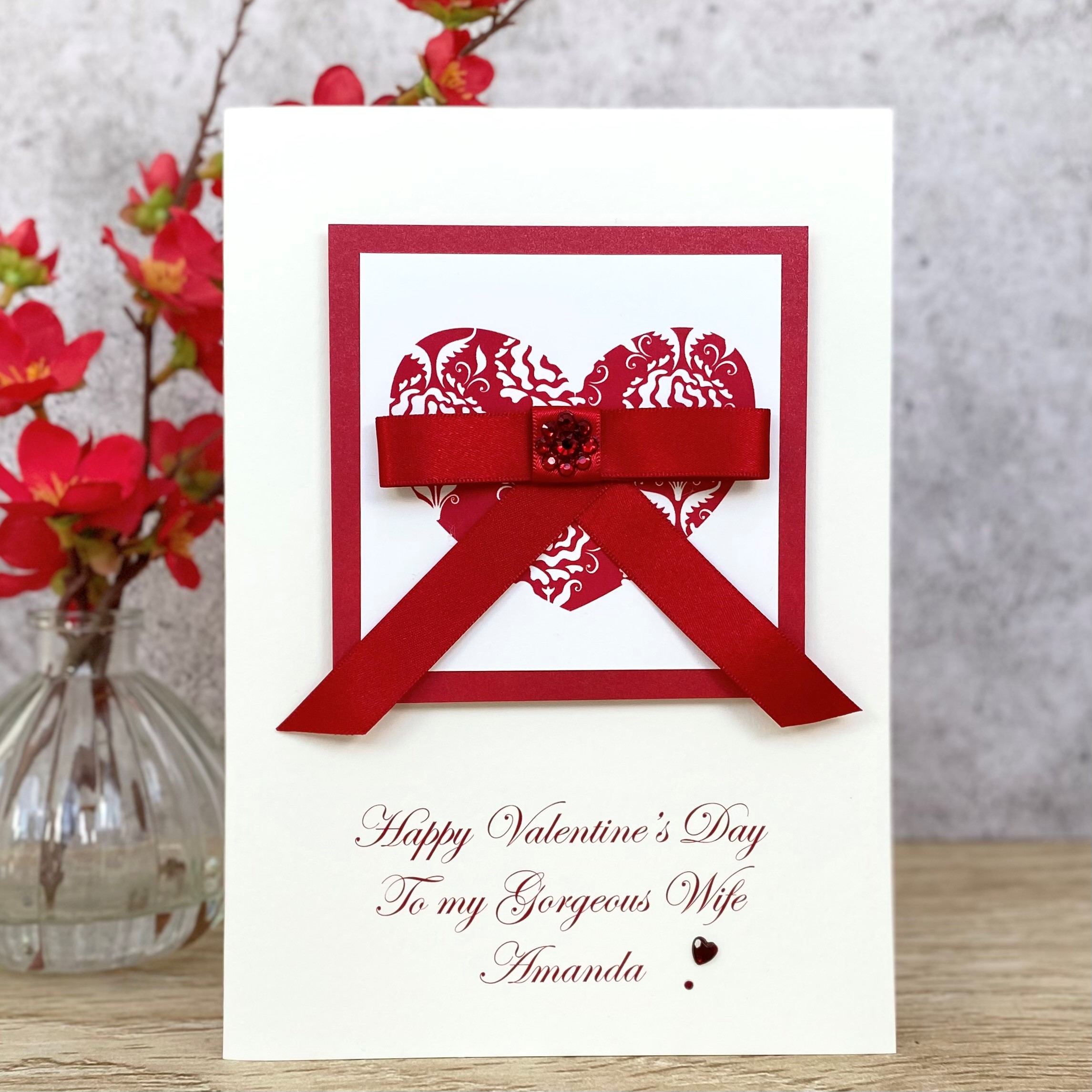 Luxury Handmade Valentine's Card Single Red Bowed Heart A5 Large Card