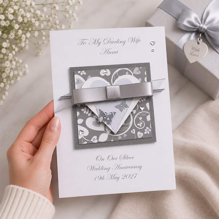 Luxury Handmade Silver Wedding Anniversary Card ‘Silver Butterflies’