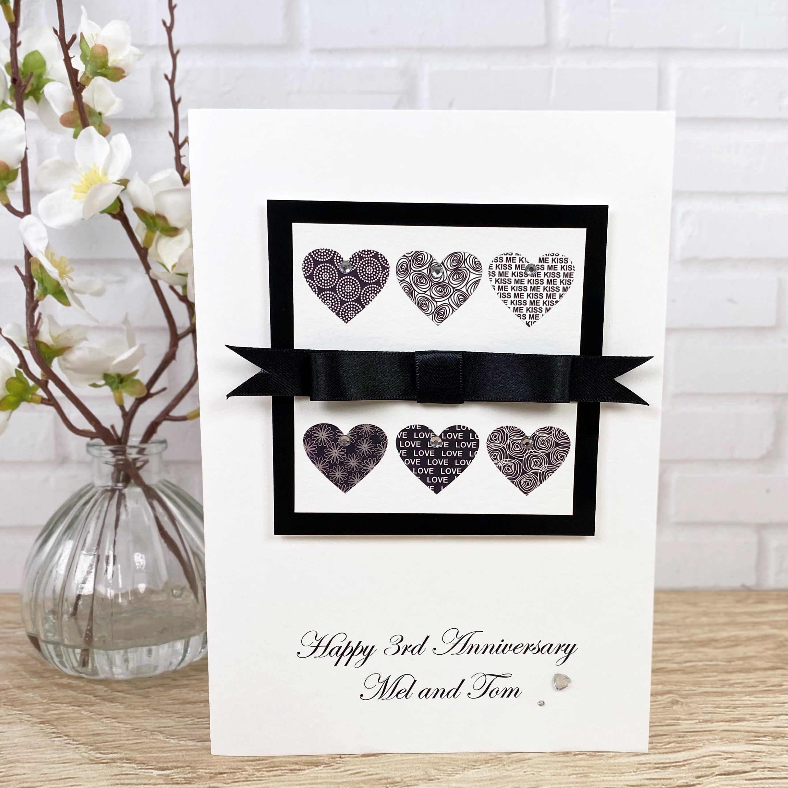 Personalised Handmade Wedding Anniversary Card Ebony Bowed Heart A5 Card