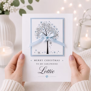 Elegant white Christmas card displayed in a light festive setting, with a blue winter tree design, ribbon bow and crystal-style embellishments.