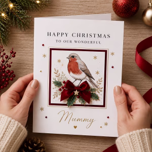Personalised luxury robin Christmas card with red satin bow, holly and gold details, customised with your choice of name and recipient wording.