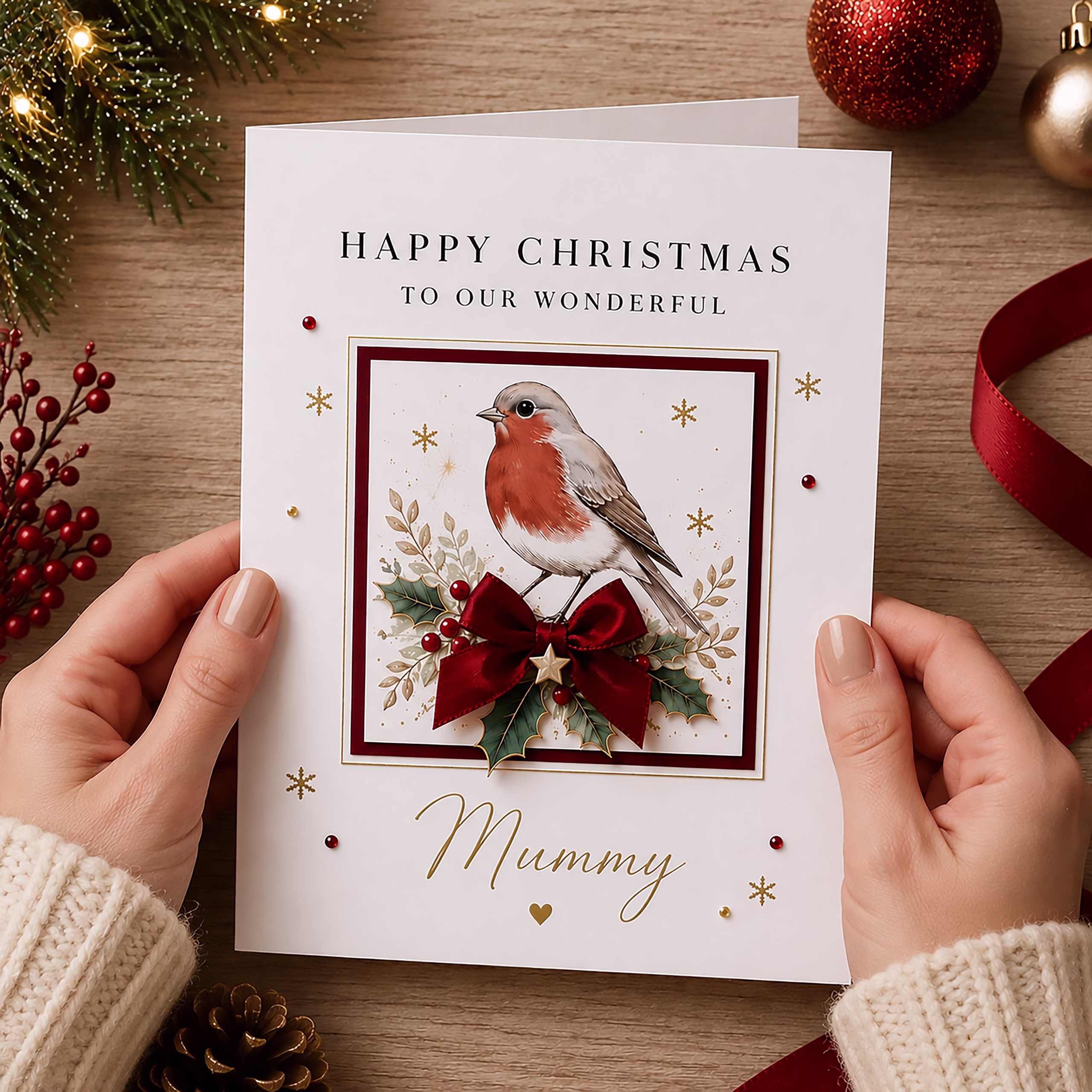 Personalised luxury robin Christmas card with red satin bow, holly and gold details, customised with your choice of name and recipient wording.