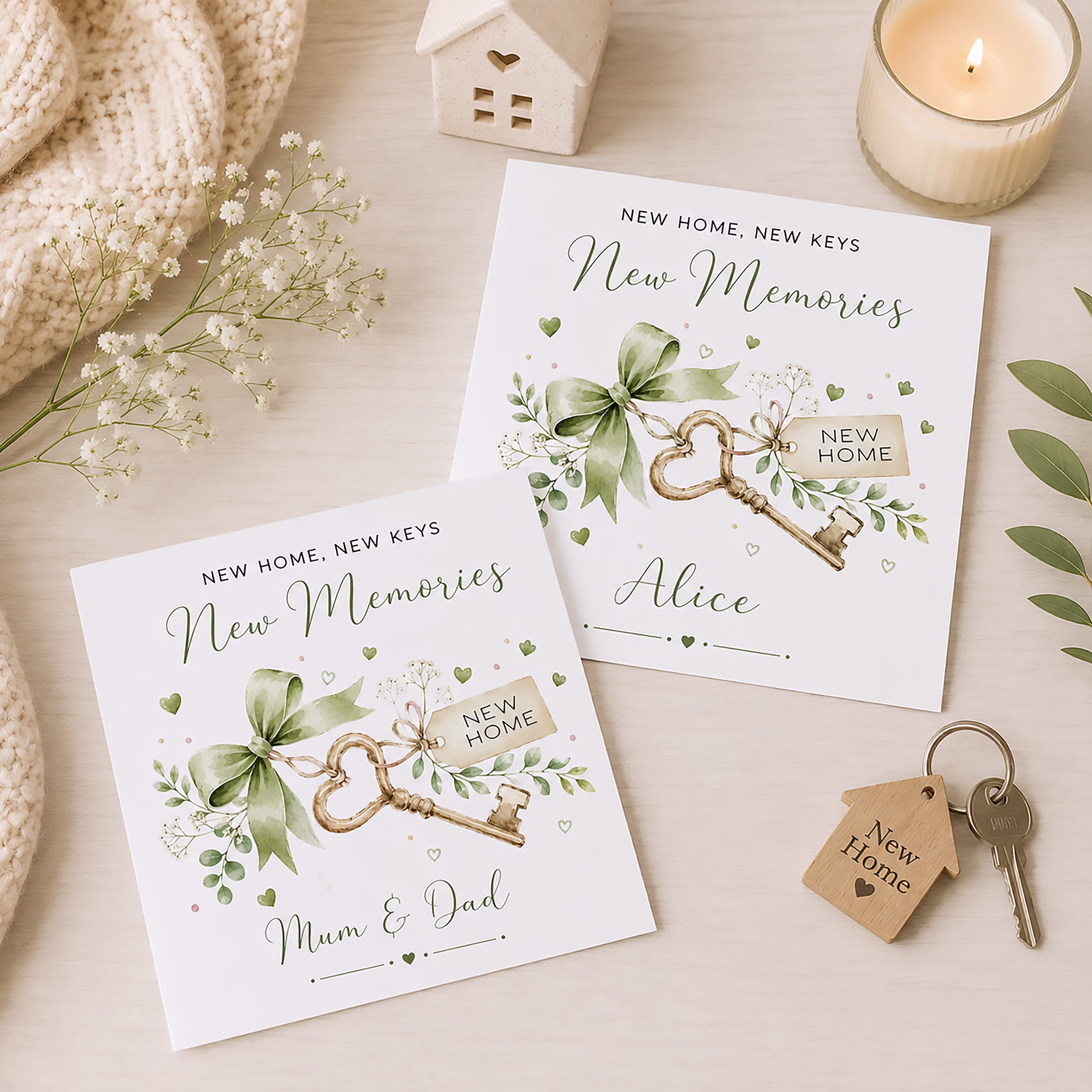 New Home New Keys New Memories card with a watercolour gold key, green bow and personalised names.