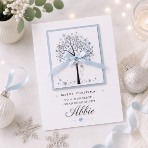 Handmade festive card with a black winter tree, icy blue snowflakes, silver details and personalised wording for Granddaughter