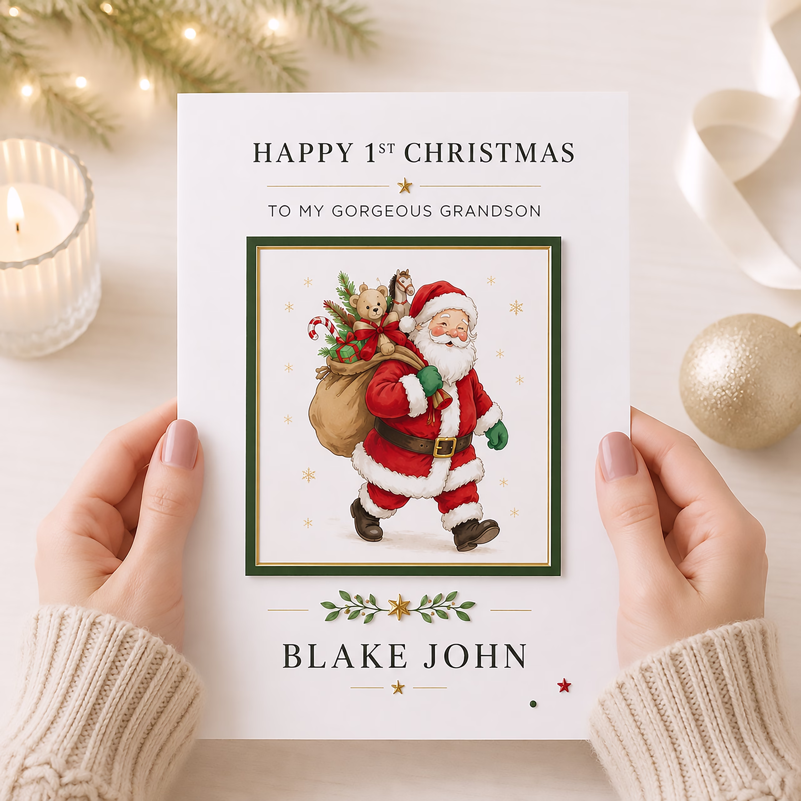 Personalised children’s Santa Christmas card featuring Father Christmas with a sack of toys, personalised with a child’s name and relationship.