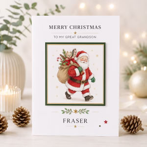 Personalised children’s Santa Christmas card featuring Father Christmas with a sack of toys, personalised with a child’s name and relationship.