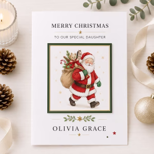 Personalised children’s Santa Christmas card featuring Father Christmas with a sack of toys, personalised with a child’s name and relationship.