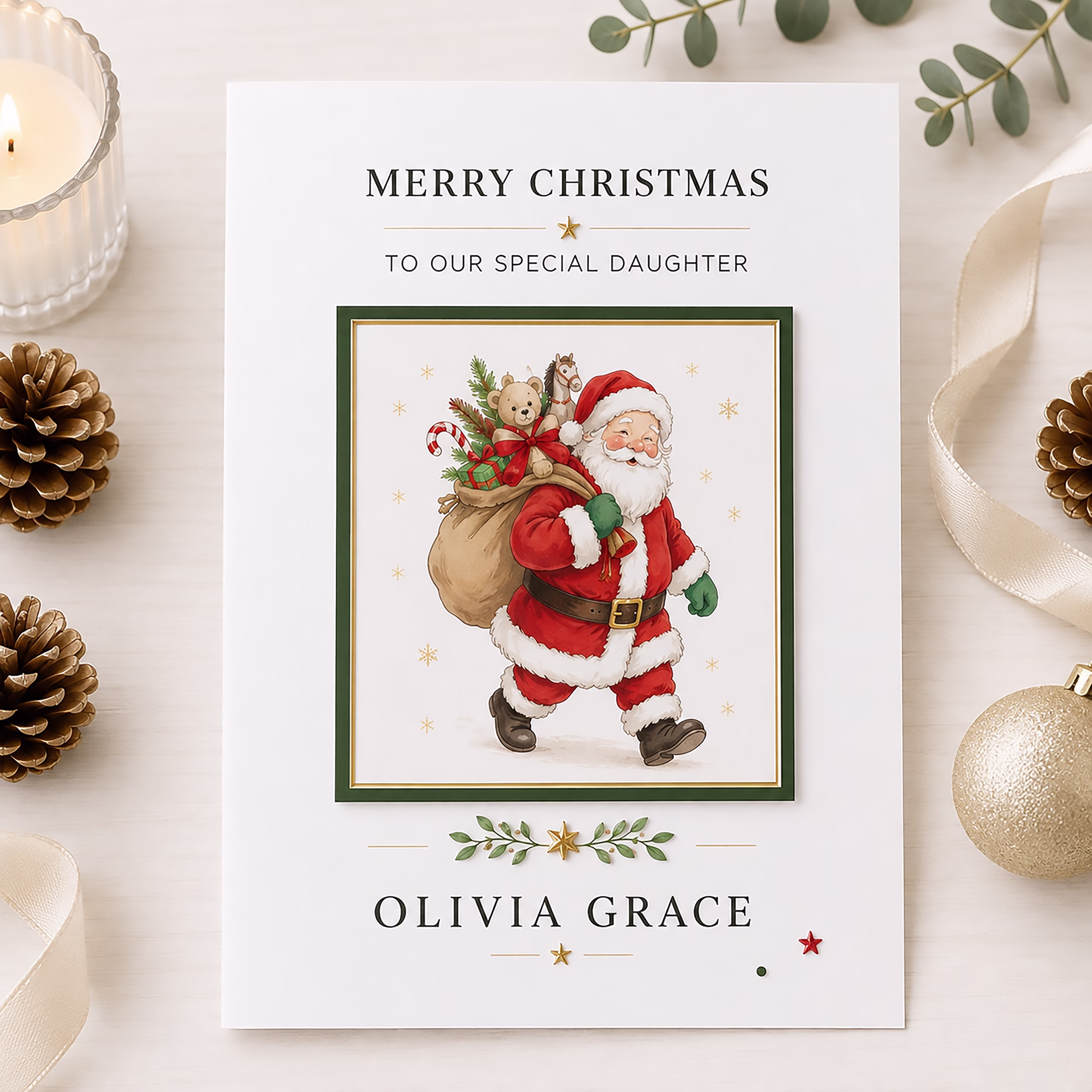 Personalised children’s Santa Christmas card featuring Father Christmas with a sack of toys, personalised with a child’s name and relationship.