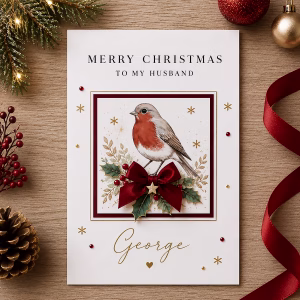 Personalised luxury robin Christmas card with red satin bow, holly and gold details, customised with your choice of name and recipient wording.