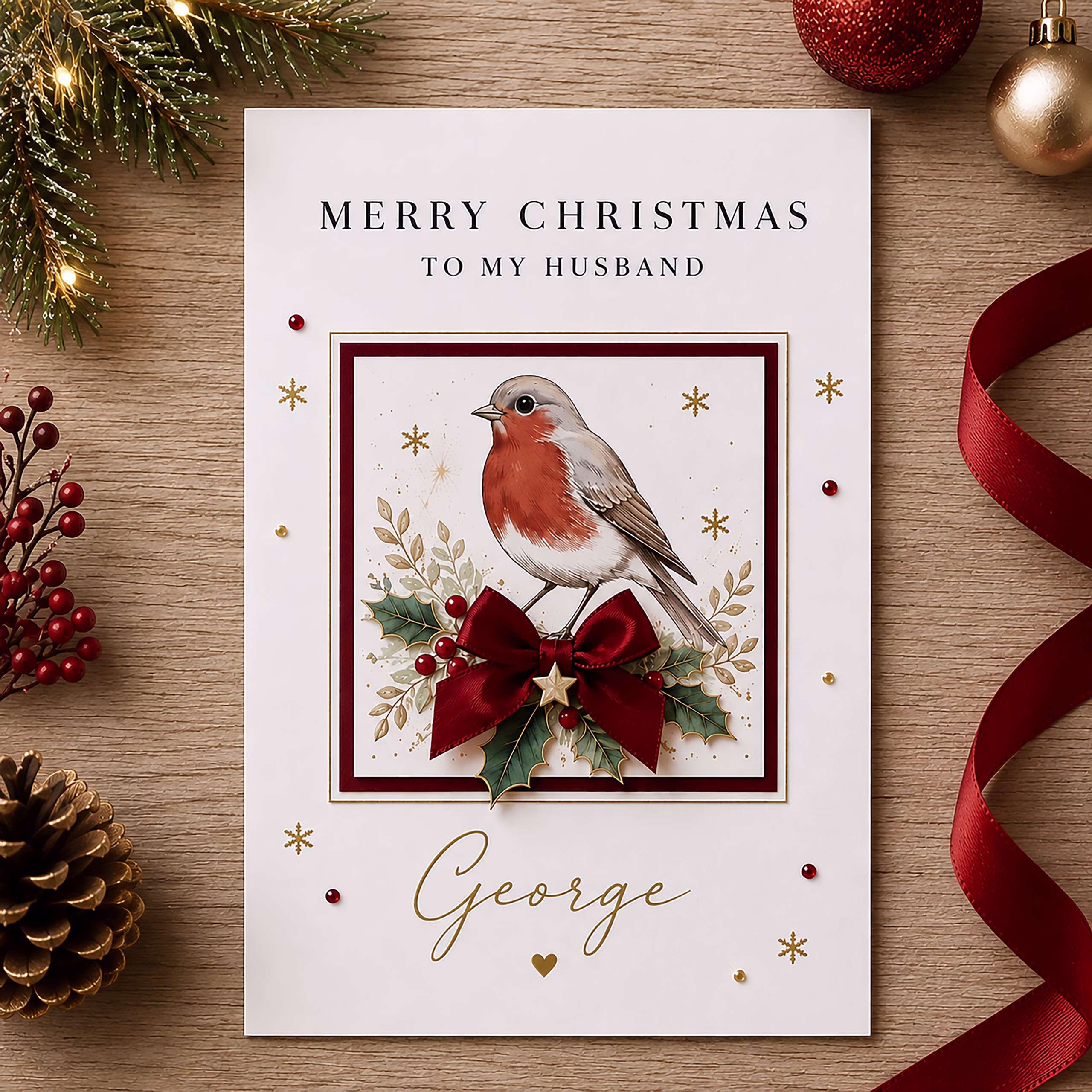 Personalised luxury robin Christmas card with red satin bow, holly and gold details, customised with your choice of name and recipient wording.