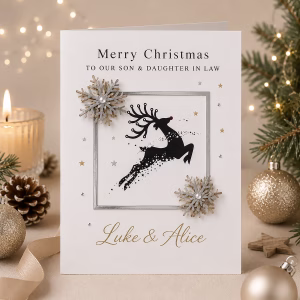 Personalised luxury reindeer Christmas card with elegant silver and gold snowflakes, festive reindeer design and custom name or recipient wording.