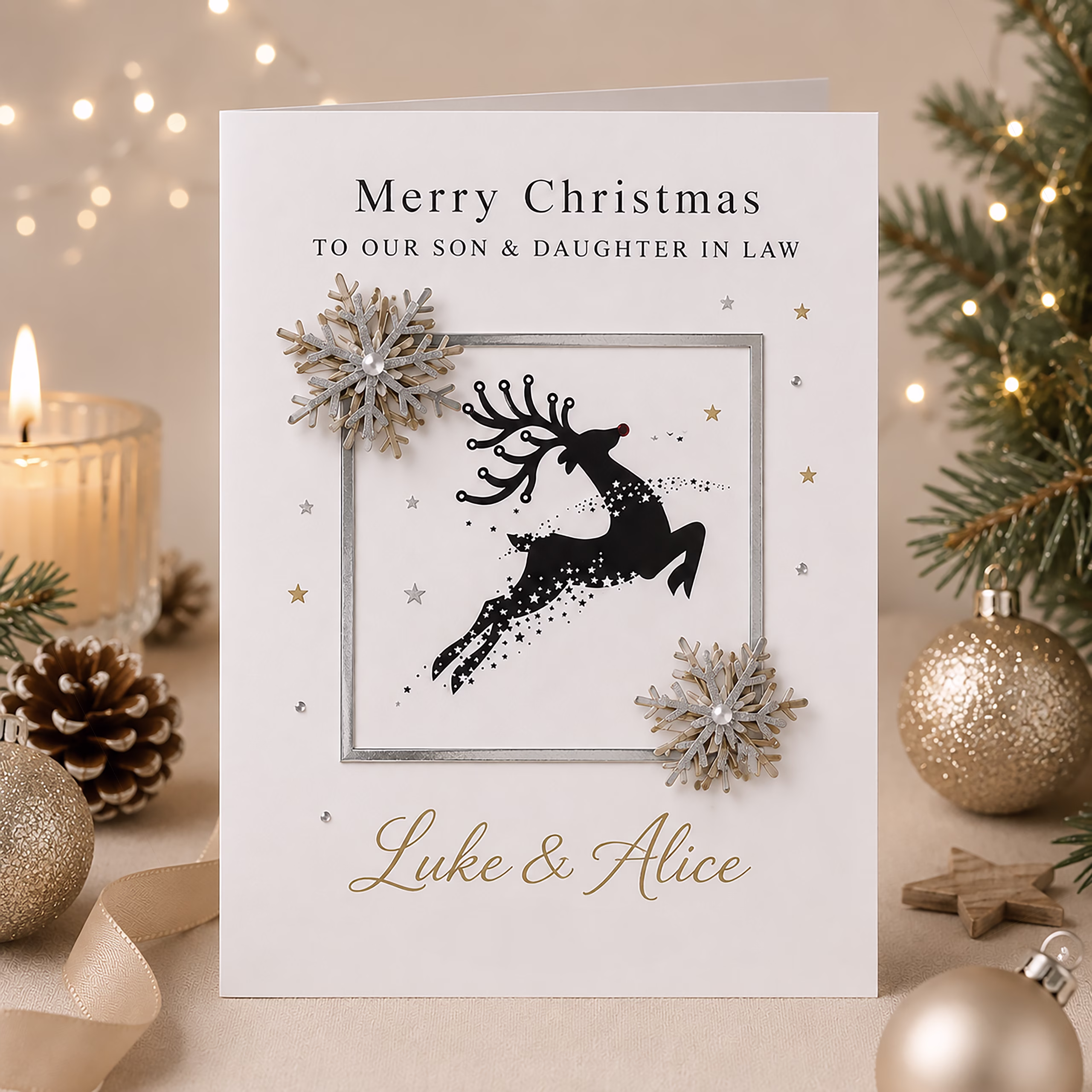 Personalised luxury reindeer Christmas card with elegant silver and gold snowflakes, festive reindeer design and custom name or recipient wording.