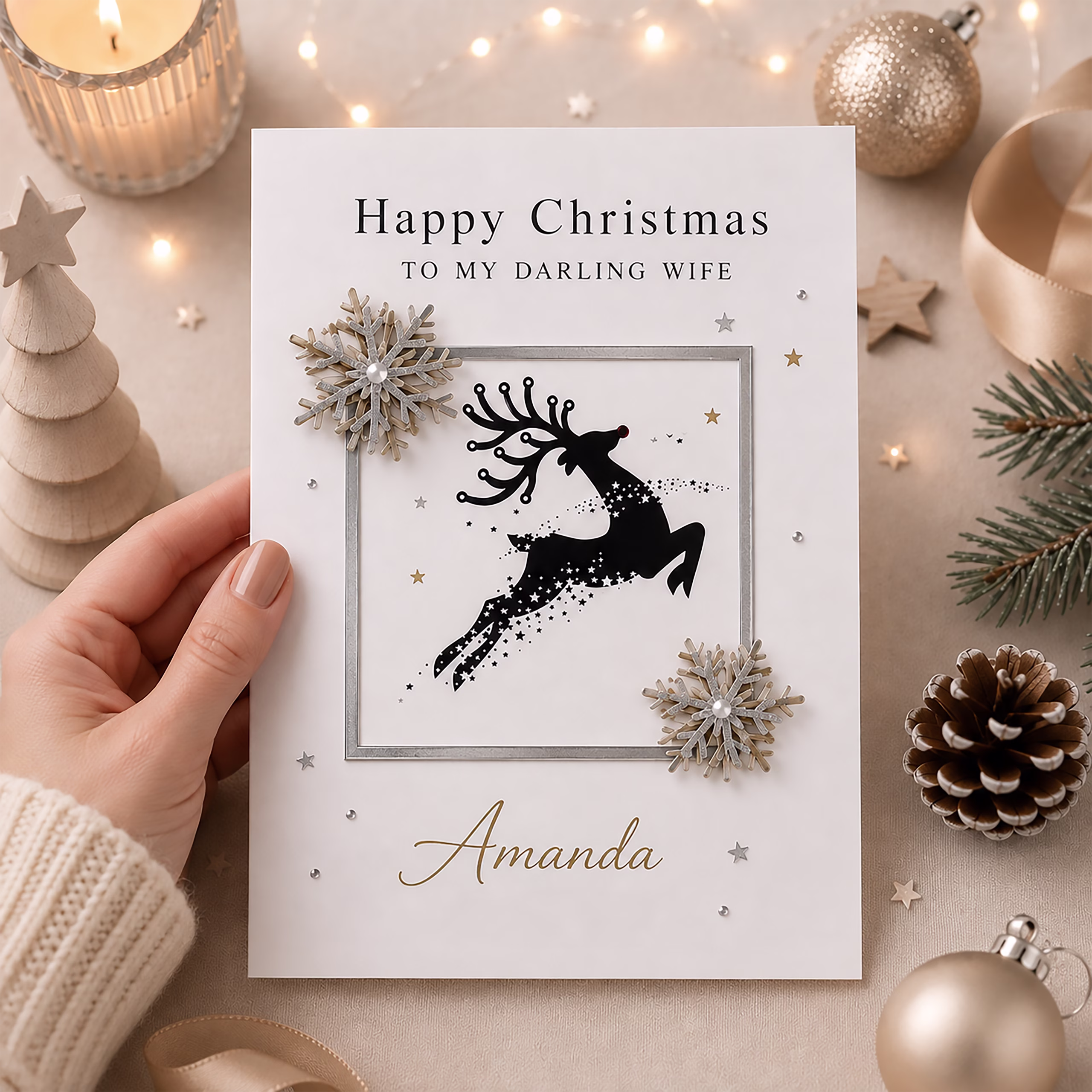 Personalised luxury reindeer Christmas card with elegant silver and gold snowflakes, festive reindeer design and custom name or recipient wording.