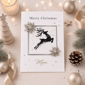 Personalised luxury reindeer Christmas card with elegant silver and gold snowflakes, festive reindeer design and custom name or recipient wording.