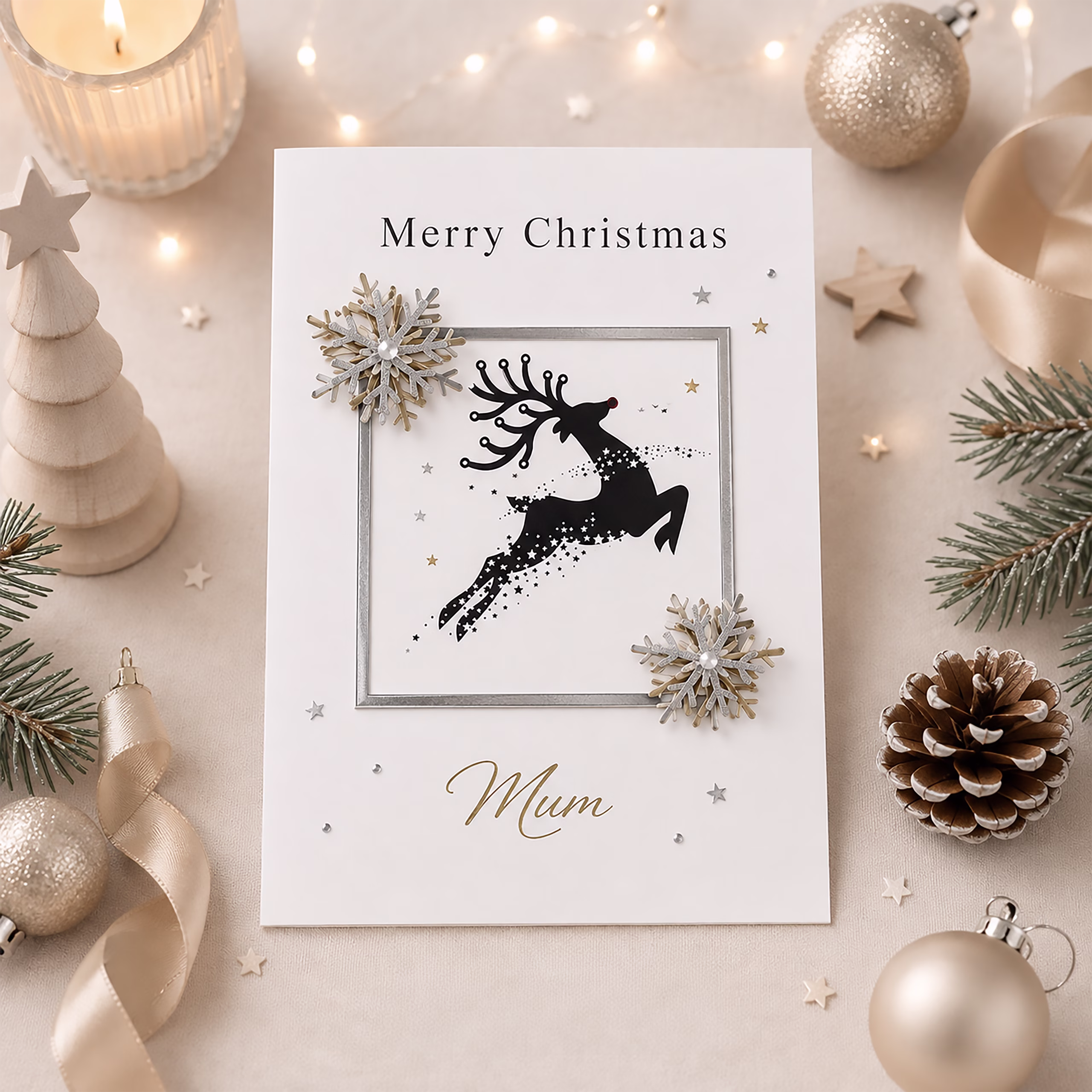 Personalised luxury reindeer Christmas card with elegant silver and gold snowflakes, festive reindeer design and custom name or recipient wording.