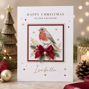 Personalised luxury robin Christmas card with red satin bow, holly and gold details, customised with your choice of name and recipient wording.